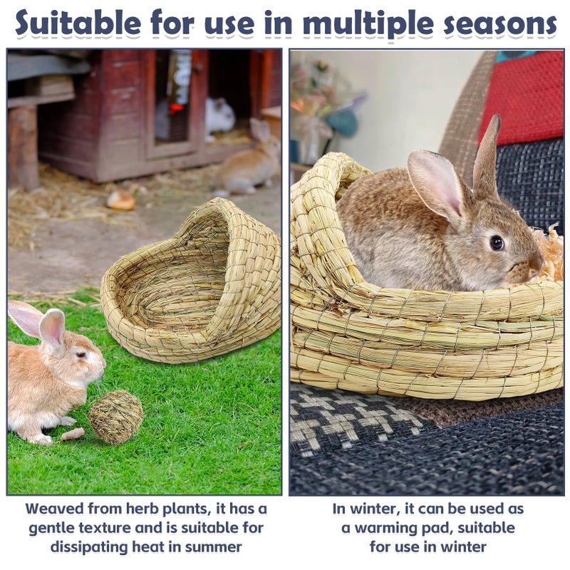 kathson Rabbit Grass House Bunny Woven Hay Bed Guinea Pig Hideout Hand Woven Natural Grass House for Hamster and Small Animals with Hay Chew Balls Toys - Image 5